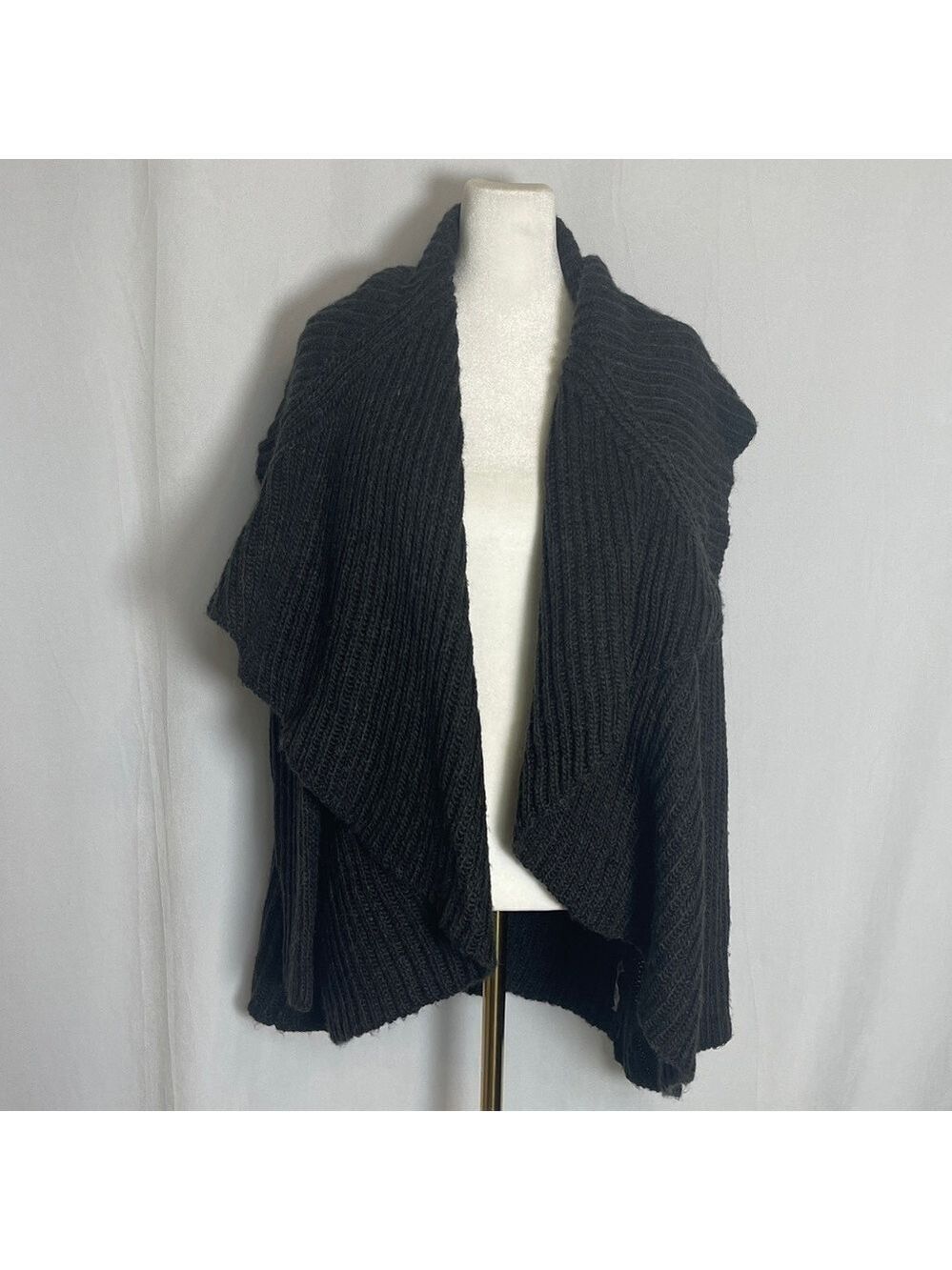 Soft Surroundings Open Knit Cardigan Sweater Size PL Chunky Dark Grey Wool Blend